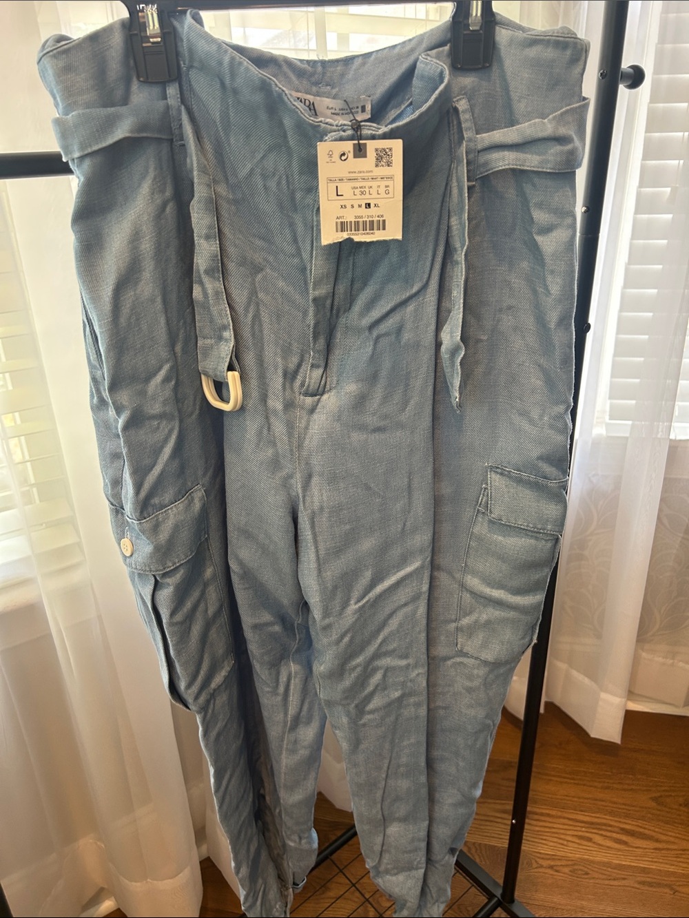 Zara Light Blue Cargo Jumpsuit Pants with Belted Waist